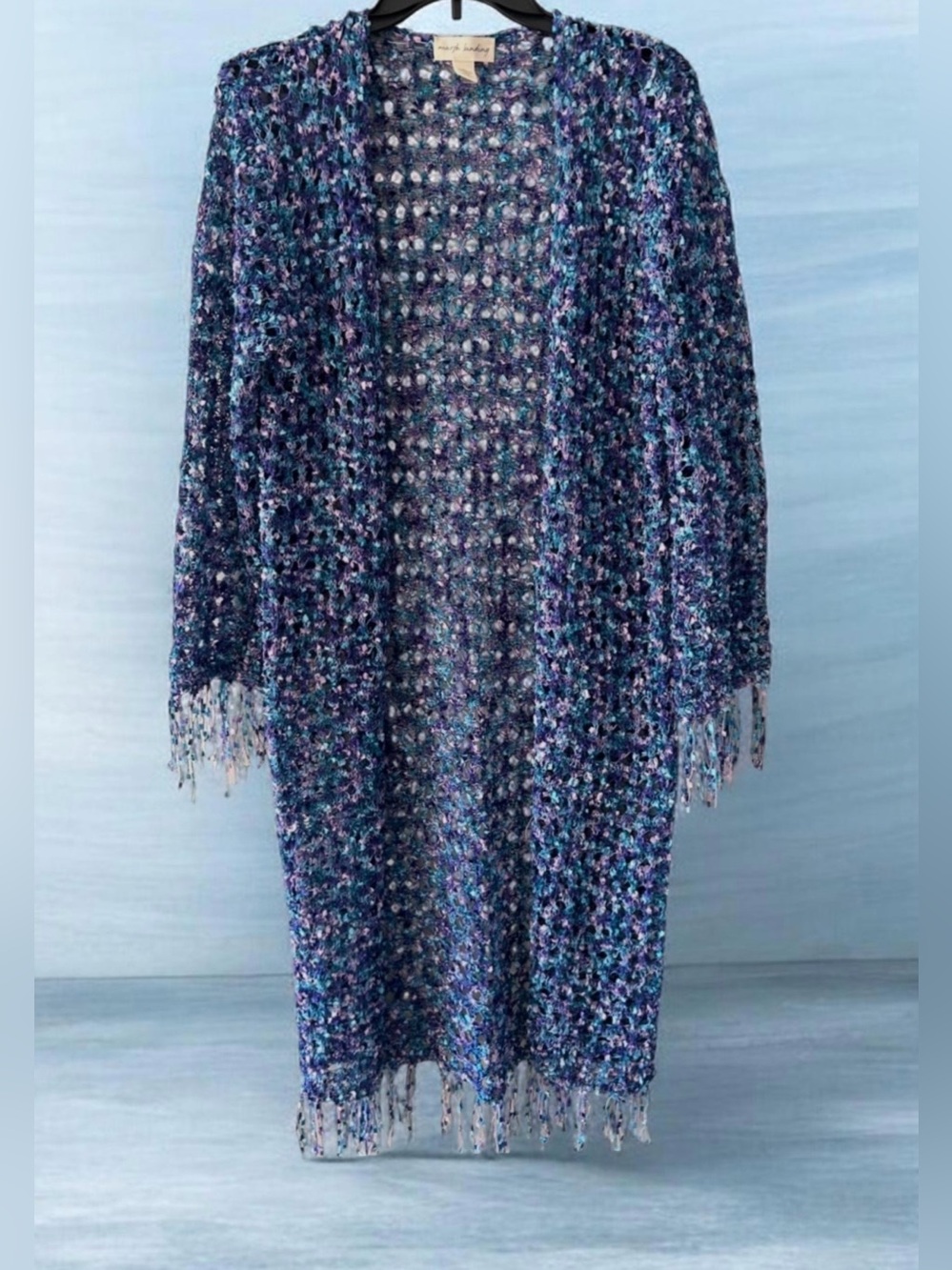 Vintage Marsh Landing Open Front Multicolor Long Cardigan XL Fringe Boho